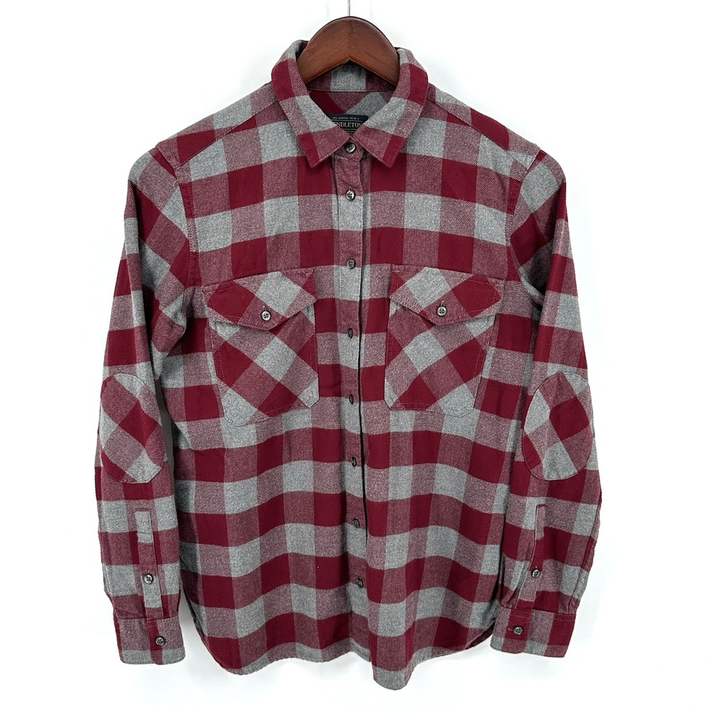 Pendleton Womens S Button Up LS Flannel Shirt Red Grey Plaid Elbow Patch Hiking